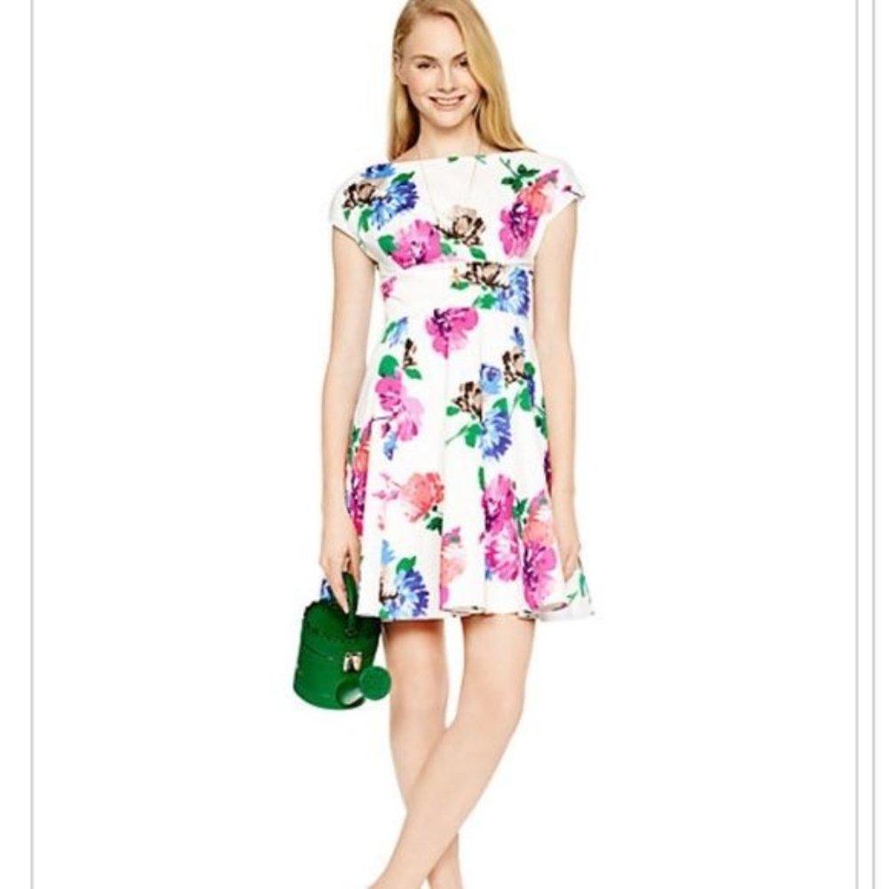 kate spade White Floral Fit-and-Flare Dress with Pink, Purple and Green Accents